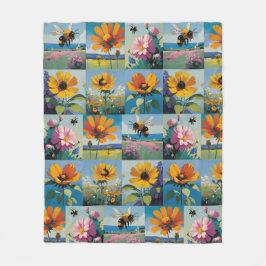 Frühlingsbienen und Wildblumen Patchwork Fleecedecke