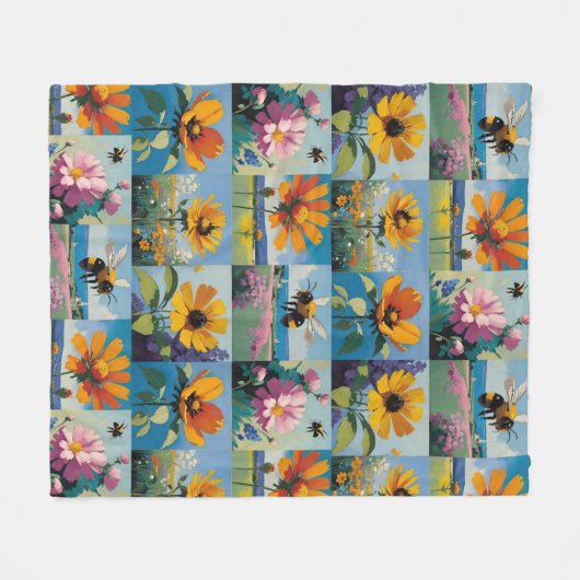 Frühlingsbienen und Wildblumen Patchwork Fleecedecke (Vorderseite (Horizontal))