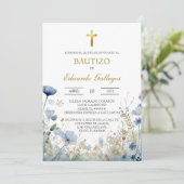 Frühlingsblaue Wildblumen-Taufe Einladung (Stehend Vorderseite)