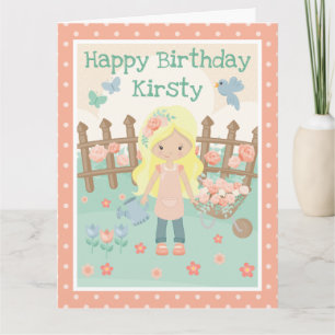 Frühlingsblonde Girl in pfirsichblütengarten Gebur Karte