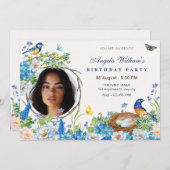 Frühlingsblume Gartenvogel Foto Geburtstag Einladung (Vorne/Hinten)