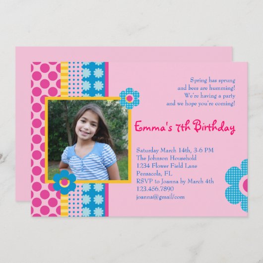 Frühlingsblume Mädchen Geburtstag Foto Einladung (Vorne/Hinten)