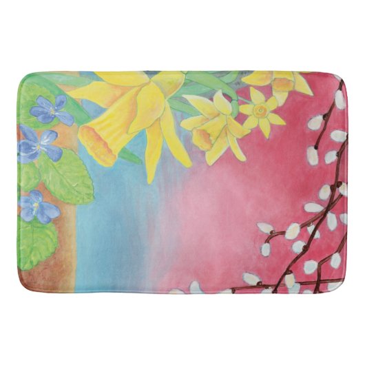 Frühlingsblumen, Affodien, Salix caprea & Violets Badematte (Vorderseite)