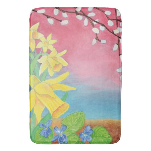 Frühlingsblumen, Affodien, Salix caprea & Violets Badematte (Vorderseite Vertikal)