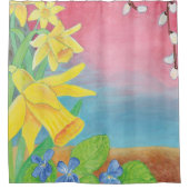 Frühlingsblumen, Affodien, Salix caprea & Violets Duschvorhang (Vorderseite)