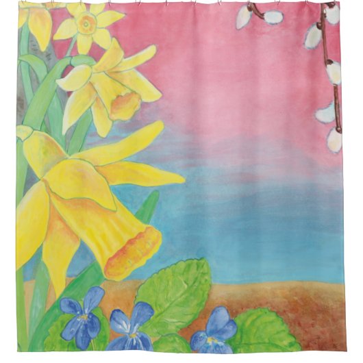 Frühlingsblumen, Affodien, Salix caprea & Violets Duschvorhang (Vorderseite)