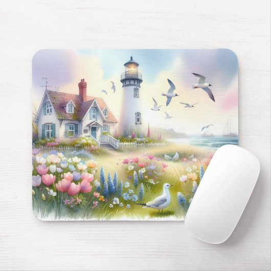 Frühlingsblumen am Leuchtturm-Cottage an der Küste Mousepad (Mit Mouse)