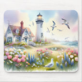 Frühlingsblumen am Leuchtturm-Cottage an der Küste Mousepad (Vorne)