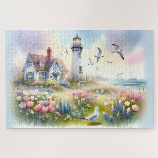 Frühlingsblumen am Leuchtturm-Cottage an der Küste Puzzle (Horizontal)