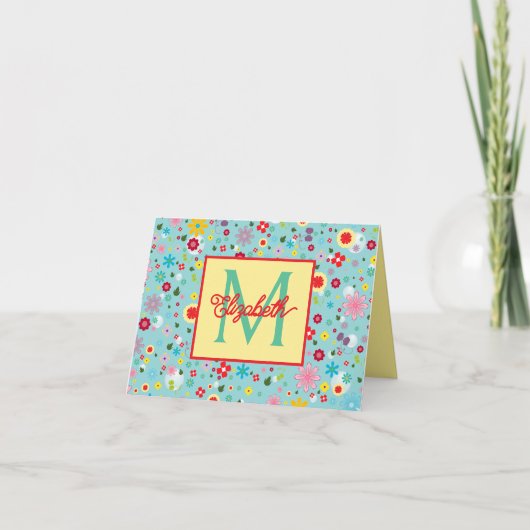 Frühlingsblumen auf aquablauem Monogramm (Vorderseite)
