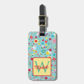 Frühlingsblumen auf aquablauem Monogramm Gepäckanhänger (Vorderseite vertikal)