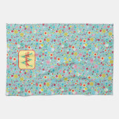 Frühlingsblumen auf aquablauem Monogramm Geschirrtuch (Horizontal)