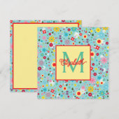 Frühlingsblumen auf aquablauem Monogramm Mitteilungskarte (Vorne/Hinten)