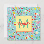 Frühlingsblumen auf aquablauem Monogramm Mitteilungskarte (Vorderseite)