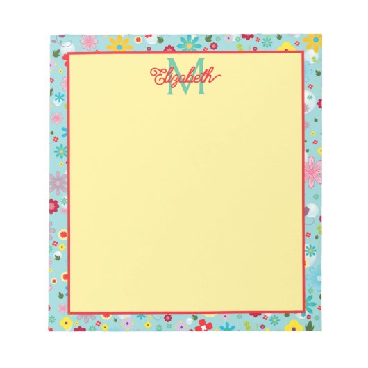 Frühlingsblumen auf aquablauem Monogramm Notizblock (Vorderseite)