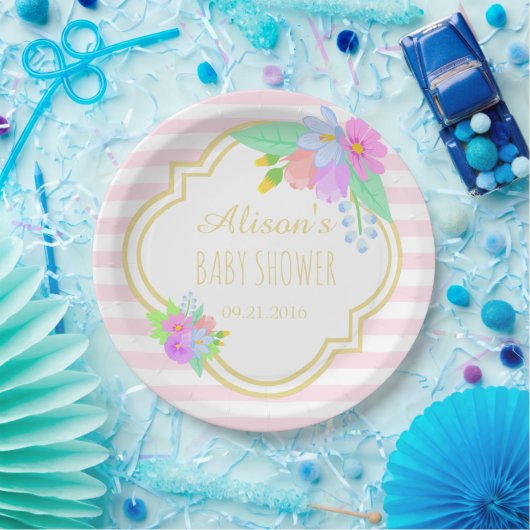 Frühlingsblumen auf rosa Babydusche Papier Teller  (Party)