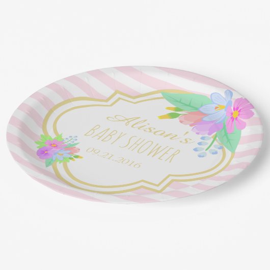 Frühlingsblumen auf rosa Babydusche Papier Teller  (Schrägansicht)