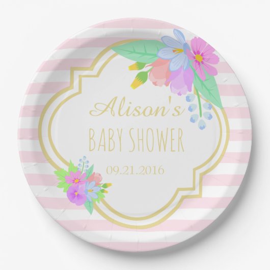 Frühlingsblumen auf rosa Babydusche Papier Teller  (Vorderseite)