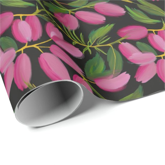 Frühlingsblumen auf schwarzem Hintergrund Geschenkpapier (Rolleneckpunkt)