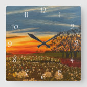 Frühlingsblumen bei Sonnenuntergang, von Gary Poli Quadratische Wanduhr (Vorderseite)