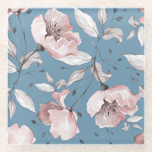 Frühlingsblumen, Blätter, nahtloses Design Glasuntersetzer (Vorderseite)