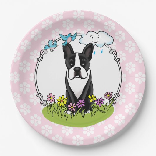 Frühlingsblumen Boston Terrier Dog (schwarz) Niedl Pappteller (Vorderseite)