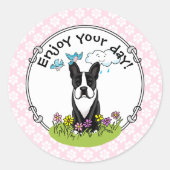 Frühlingsblumen Boston Terrier Dog (schwarz) Niedl Runder Aufkleber (Vorderseite)