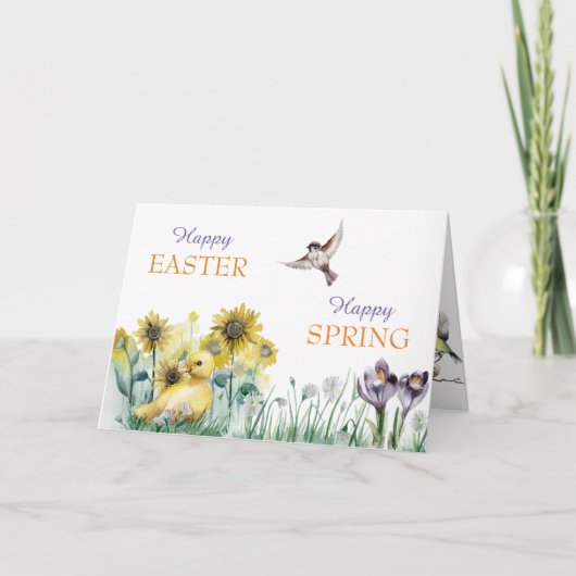Frühlingsblumen Duckling and Birds Osterkarte Feiertagskarte (Vorderseite)
