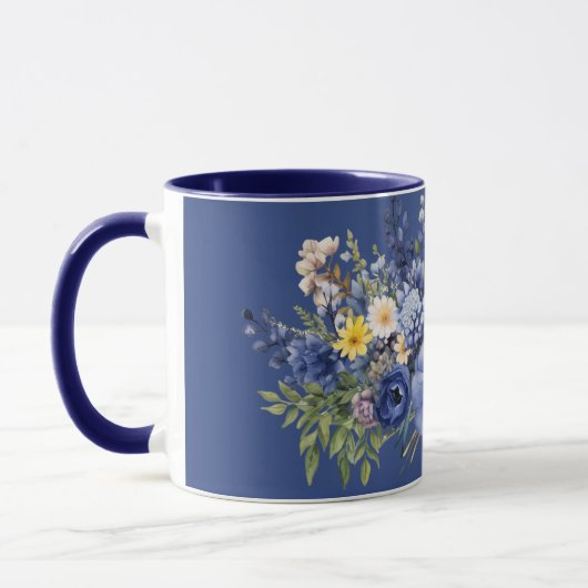 Frühlingsblumen, dunkelblauer Hintergrund, Tasse (Links)