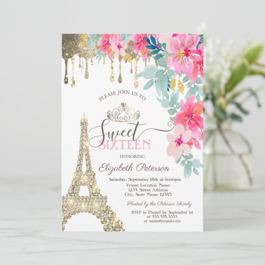 Frühlingsblumen Eiffelturm Gold Tropfen Sweet 16 Einladung (Stehend Vorderseite)