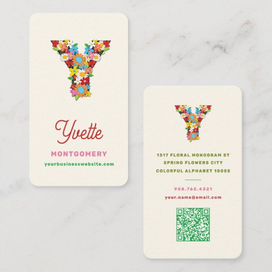 Frühlingsblumen Garden Chic Monogram Y Visitenkart Visitenkarte (Vorne/Hinten)