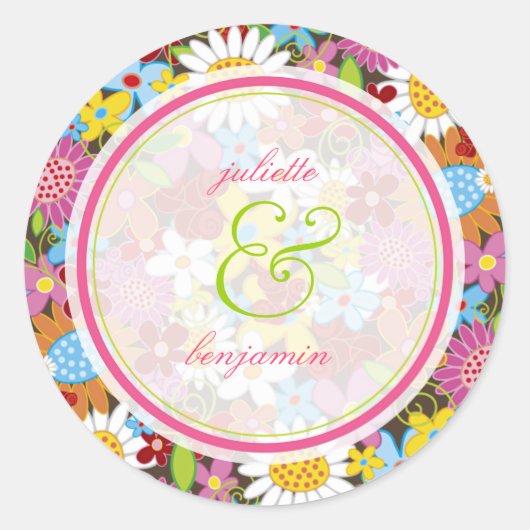 Frühlingsblumen Garten Whimsical Hochzeitsticker Runder Aufkleber (Vorderseite)