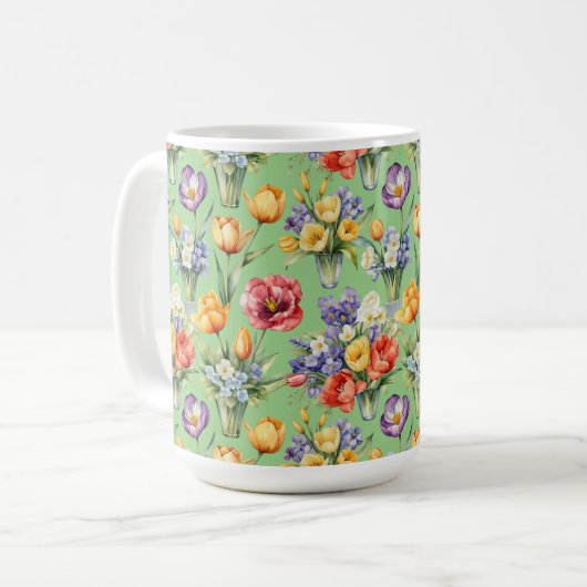 Frühlingsblumen Gartenweide Grün Mit Monogramm Kaffeetasse (Vorderseite Links)