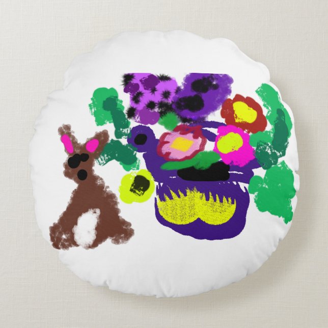 Frühlingsblumen Hasenfreude Rundes Kissen (Vorderseite)