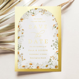 Frühlingsblumen-Hochzeitsbogen Save The Date Gold Folieneinladung