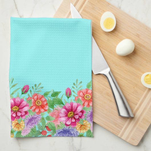 Frühlingsblumen im Aquamarinen Hintergrund Geschirrtuch (Viertel Falte)