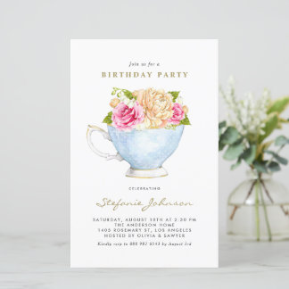 Frühlingsblumen im Teacup Geburtstagsparty Einladu