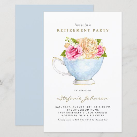 Frühlingsblumen im Teacup Pensionseinladung (Vorne/Hinten)