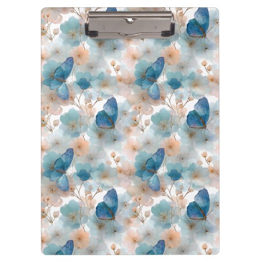 Frühlingsblumen im Vintage-Stil & blauer Schmetter Klemmbrett (Vorderseite)