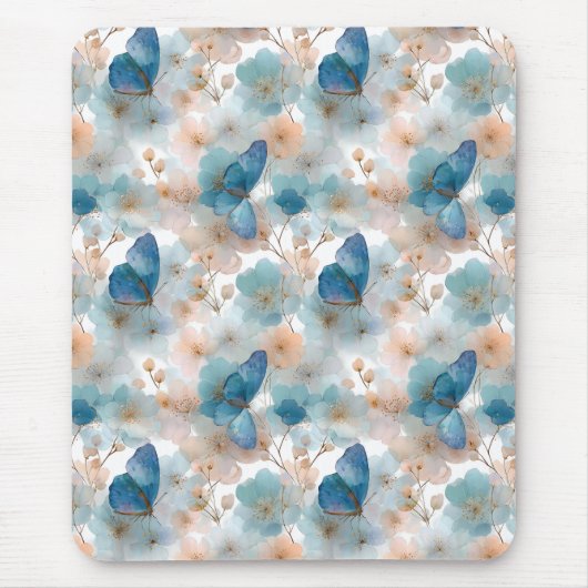 Frühlingsblumen im Vintage-Stil & blauer Schmetter Mousepad (Vorne)