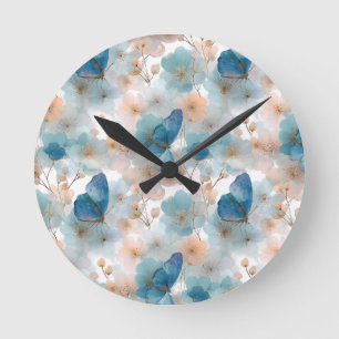 Frühlingsblumen im Vintage-Stil & blauer Schmetter Runde Wanduhr