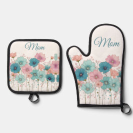 Frühlingsblumen im Vintage-Stil für Mama Ofenhandschuh & Topflappen-Set