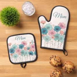 Frühlingsblumen im Vintage-Stil für Mama Ofenhandschuh & Topflappen-Set