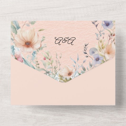 Frühlingsblumen in Pfirsichblau und Rosa All In One Einladung (Rückseite)