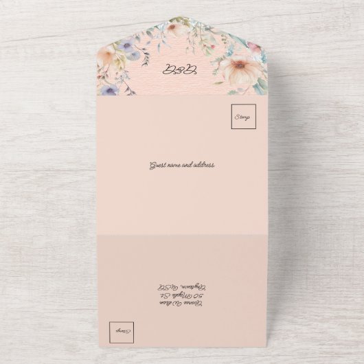 Frühlingsblumen in Pfirsichblau und Rosa All In One Einladung (Außenbereich)