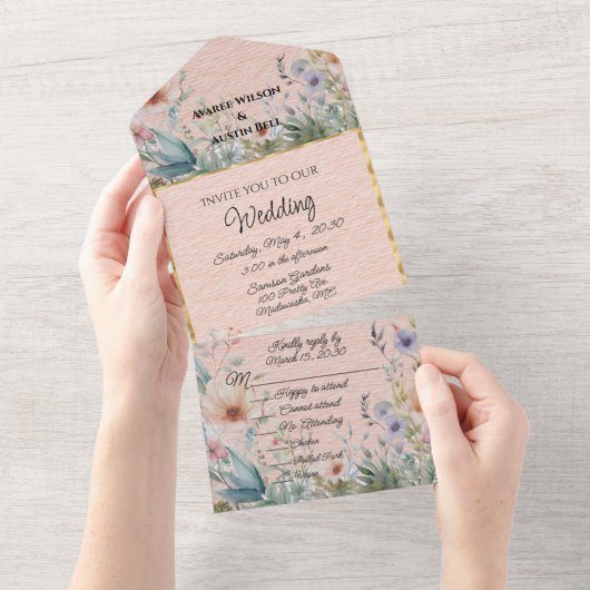 Frühlingsblumen in Pfirsichblau und Rosa All In One Einladung (Abreißen)