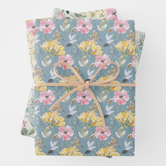 Frühlingsblumen in rosa-gelb-grüner Hochzeit Geschenkpapier Set (Beispiel)