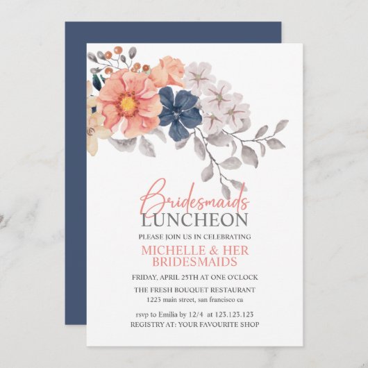 Frühlingsblumen Korallenwache Bridesmaids Luncheon Einladung (Vorne/Hinten)