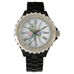 Frühlingsblumen   Kruzifix   römische Zahlen Armbanduhr