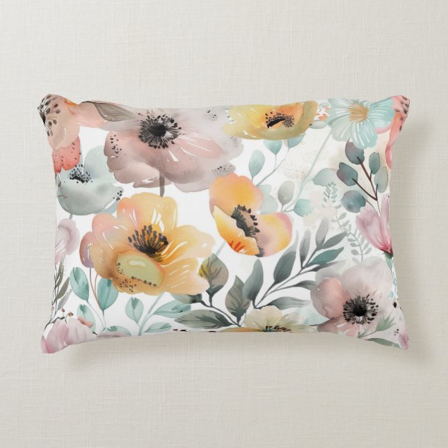 Frühlingsblumen Mohnblumen Wildblume Wasserfarbe Dekokissen (Vorderseite)